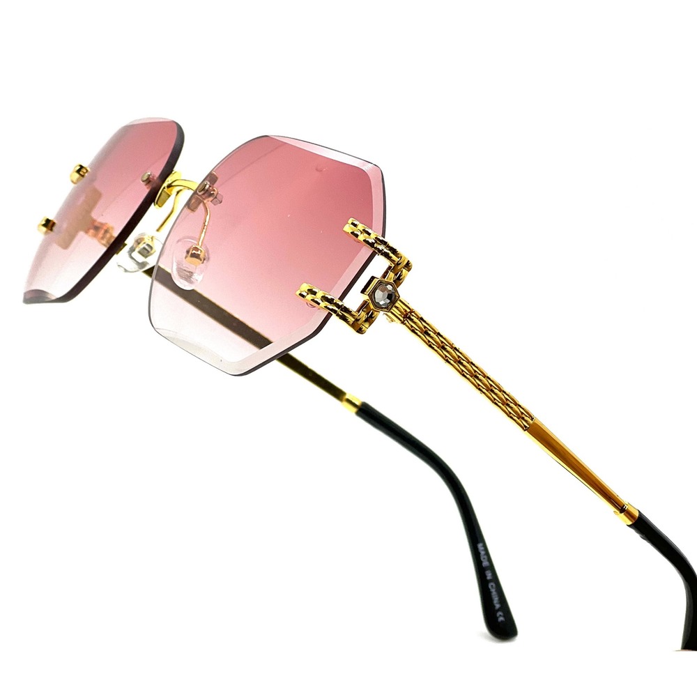 Sunglasses Women Fashion Designer Rimless Octagon Pink Lens Gold Frame Lentes‎